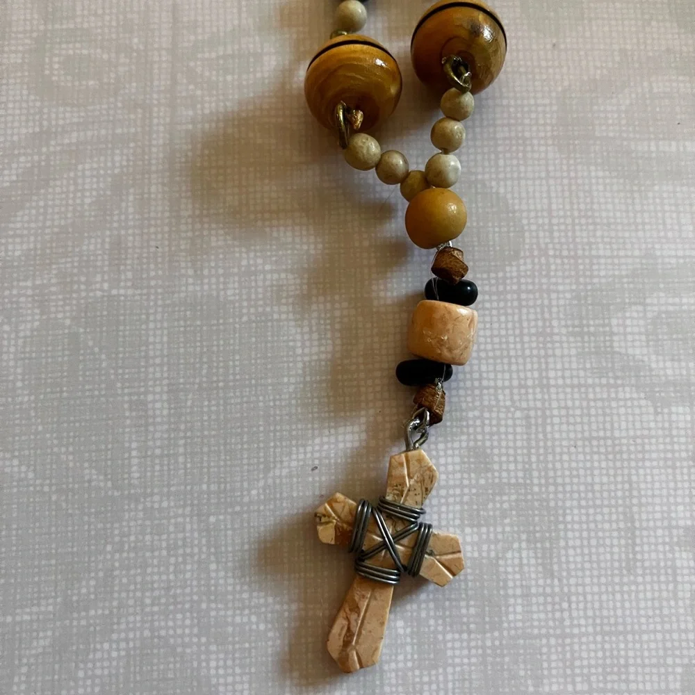 Handmade Hand Held Tan Wood & Green Jade Rosary Beaded Prayer Beads Purse Charm